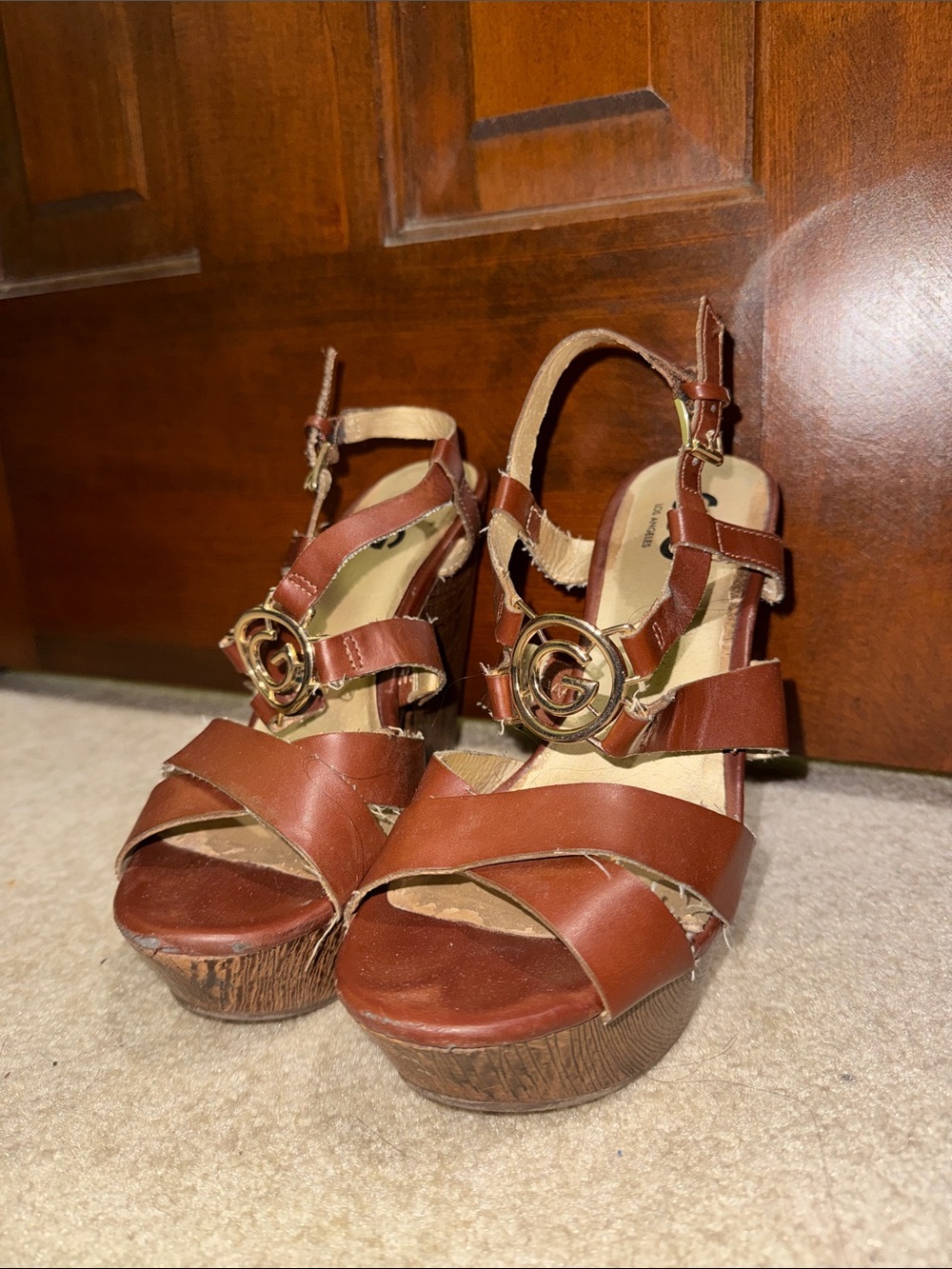 GBG Los Angeles Brown Platform Sandals with Gold Logo